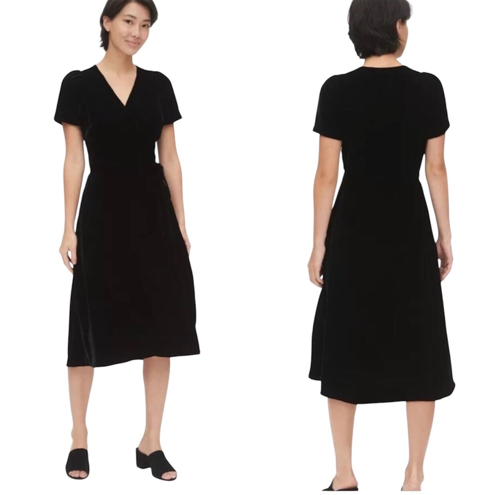 Gap Womens Black Velvet Short Sleeve Wrap Self Tie Midi Dress Party Cocktail 6